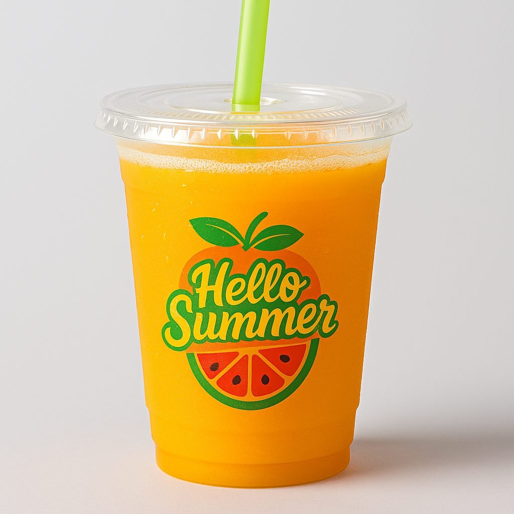 Juice cold cup with flat lid and straw