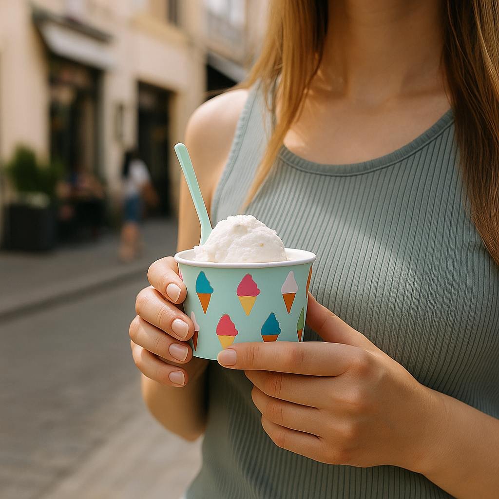 a girl holding a cup of ice cream