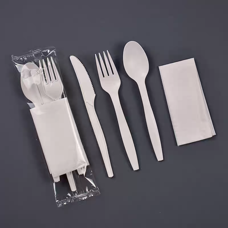 plastic bag wrapped cutlery with napkin