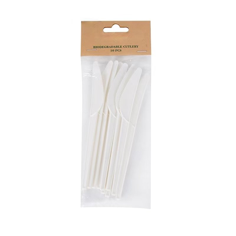 white cpla eco knives in clear plastic bag