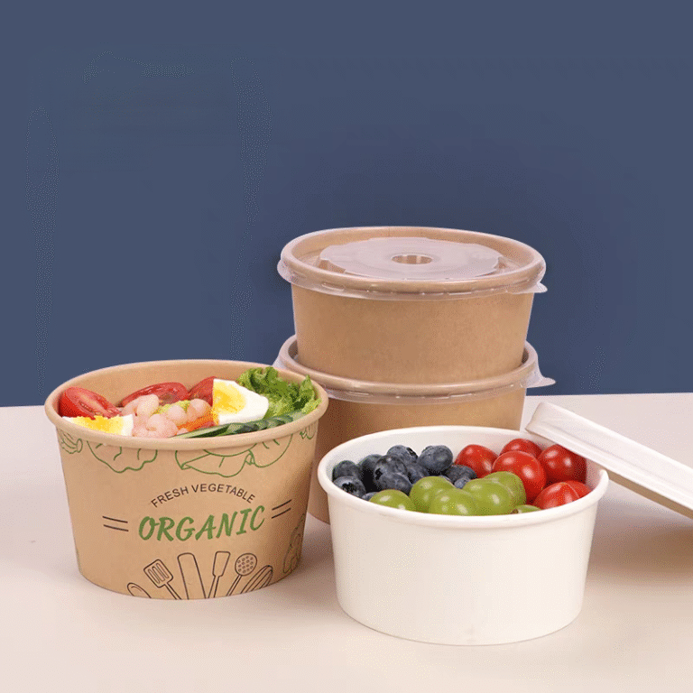 white kraft salad bowls with plastic lids