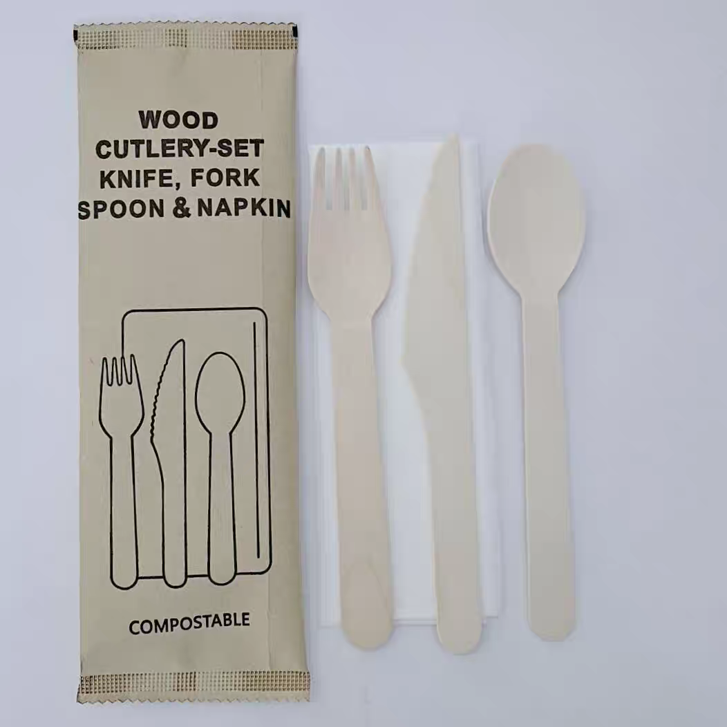 wooden cutlery knife fork spoon napkin in kraft paper pack