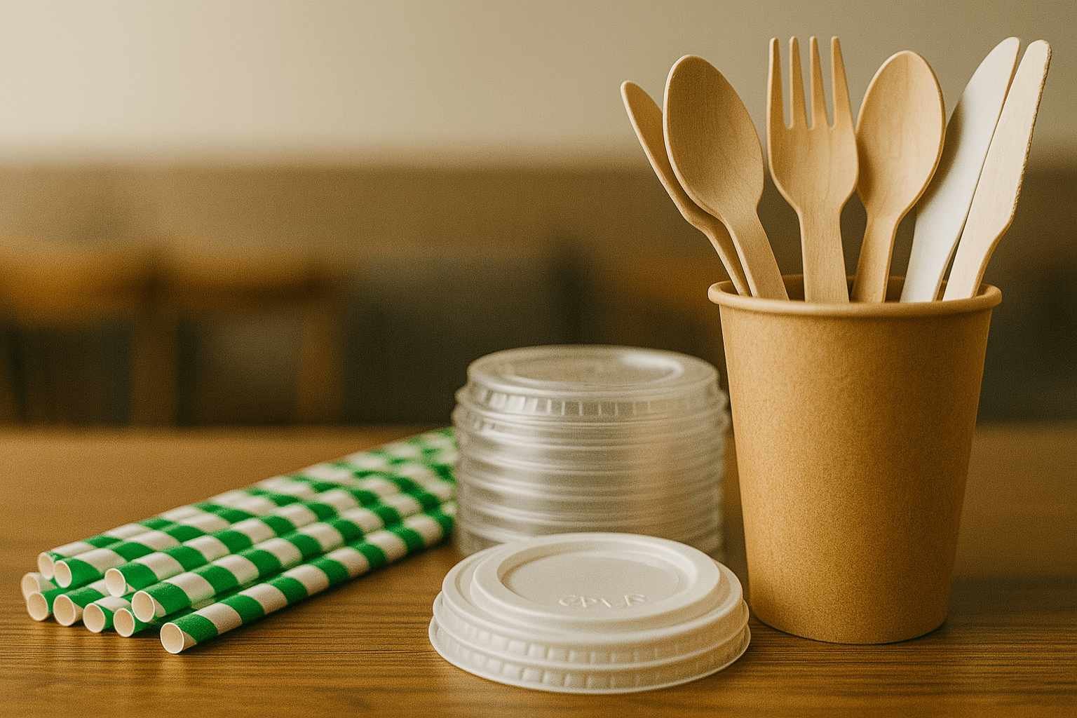 eco-accessories-straws-lids-cutlery-wooden-surface