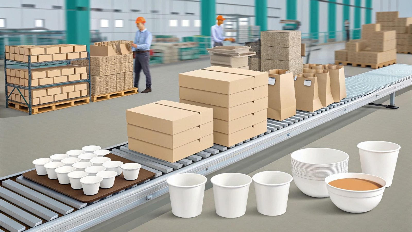 A quality control inspector checking a line of custom printed paper cups